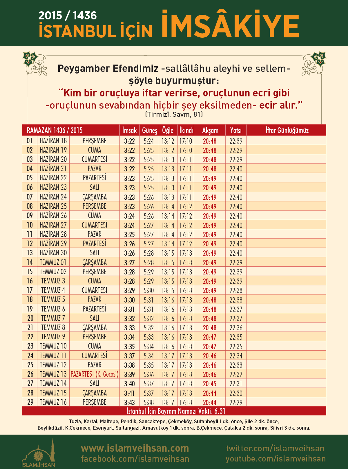 istanbul icin 2015 imsakiye islam ve ihsan